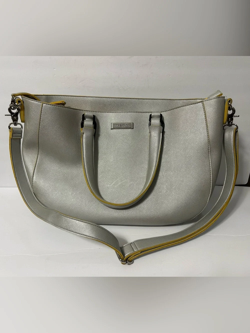 Lily Jade Leather Diaper Bag Tote Silver Yellow Detachable Organizer Pockets